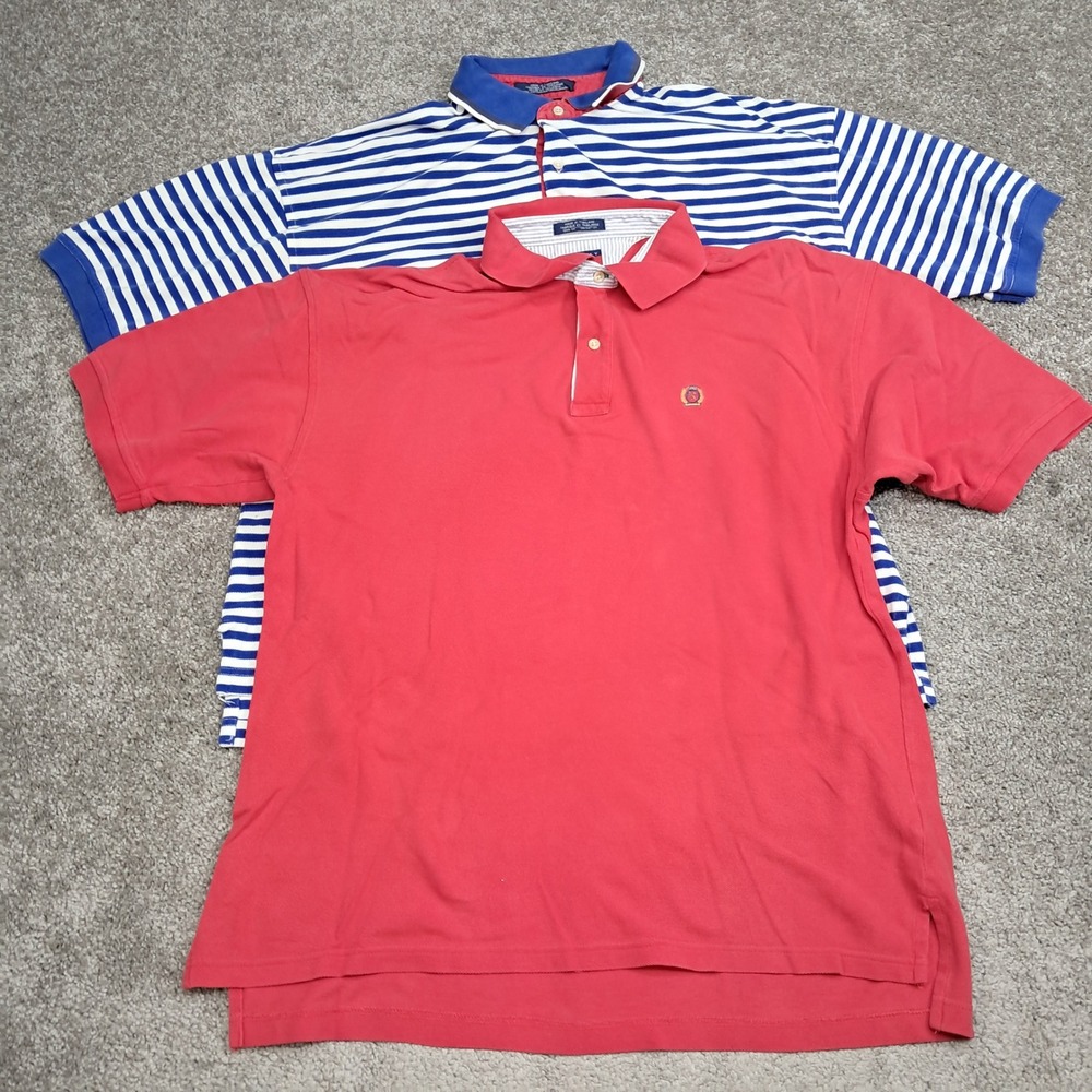 Lot of 2 Tommy Hilfiger Mens XXL Polo Shirts Red Solid Blue White Striped Cotton